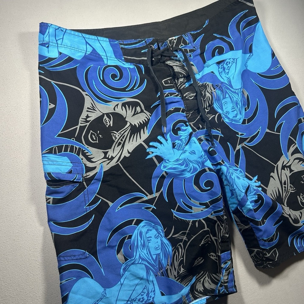 Hawaiian Island Creations Board Shorts Mens 38 Blue Graphic Tribal Print Y2K HIC - Picture 2 of 8